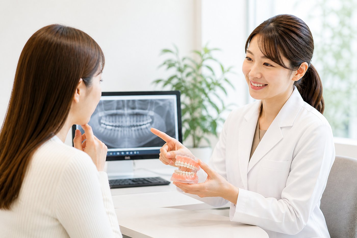 歯科医師が患者さんに丁寧に説明している診療室の風景